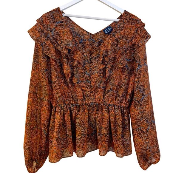Scoop orange and blue boho ruffled blouse side M 8-10 - Picture 2 of 8